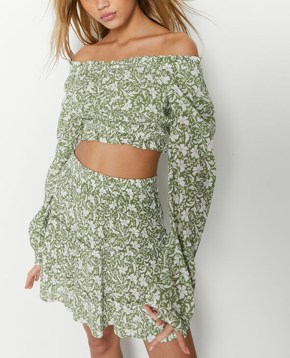 Blouse courte encolure Bardot motif fleurs vert - Pimkie