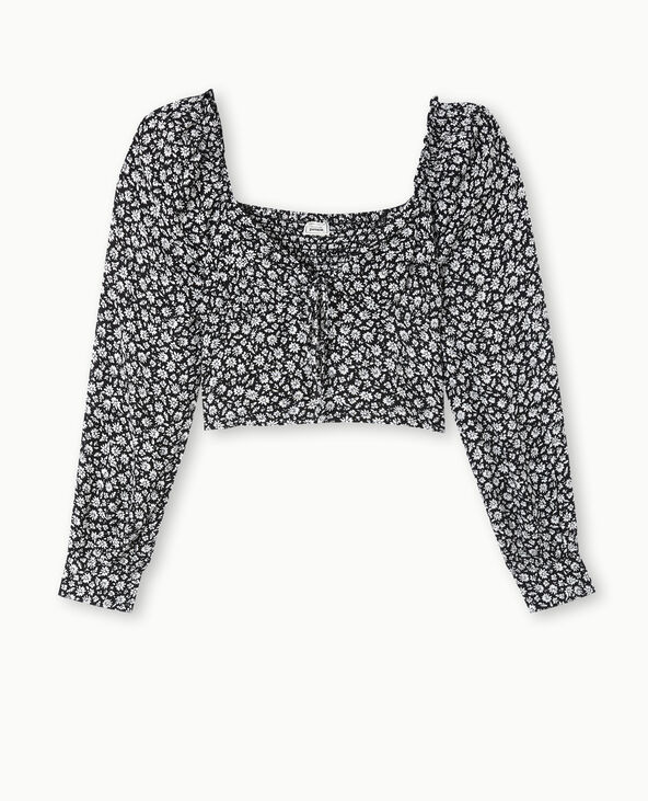 Blouse courte encolure cœur motif fleurs noir - Pimkie