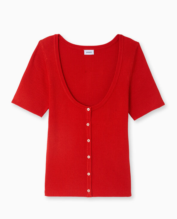 T-shirt boutonné en maille côtelée rouge - Pimkie