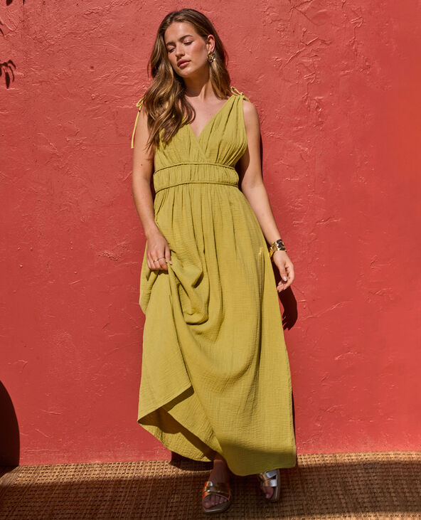 Robe longue en gaze de coton avec nouettes vert kaki - Pimkie