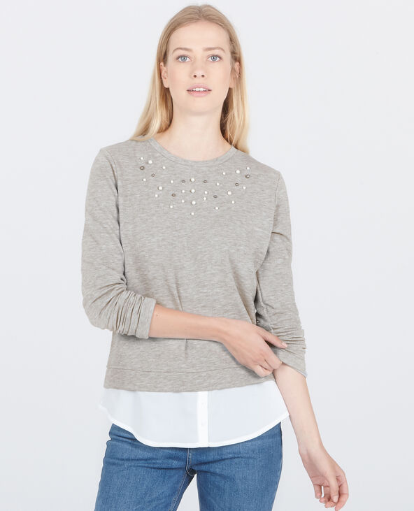 Sweat 2 en 1 à perles gris chiné - Pimkie