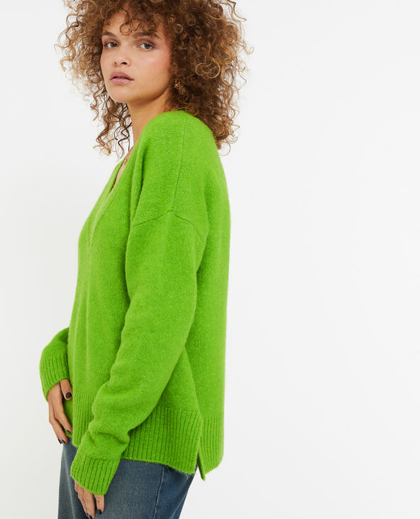 Pull droit avec grand col V vert kaki - Pimkie