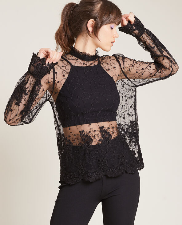 Top en tulle brodée noir - Pimkie