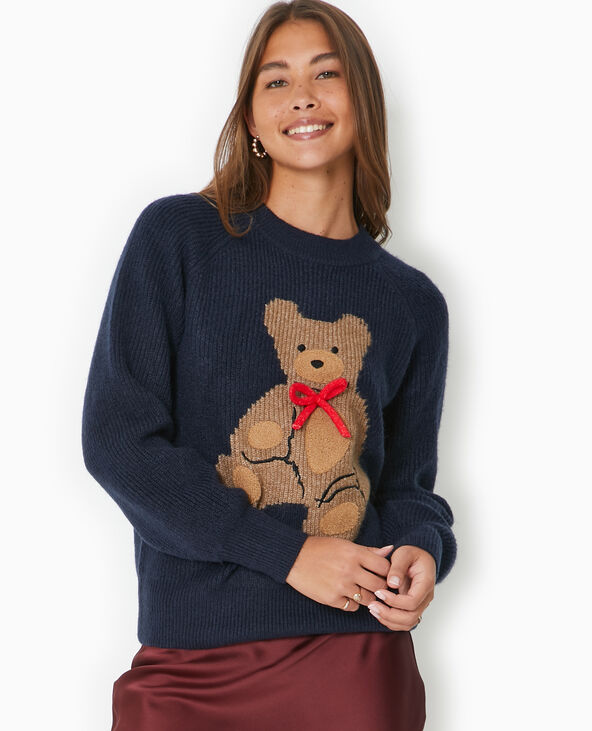 Pull oversize avec ourson et nœud bleu marine - Pimkie