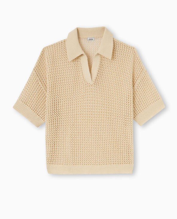 Pull polo manches courtes en maille ajourée beige - Pimkie