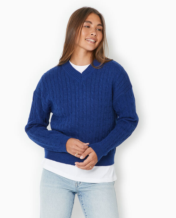 Pull en maille torsadée col V bleu marine - Pimkie