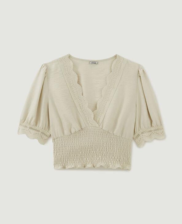 Top court croisé avec dentelle beige - Pimkie