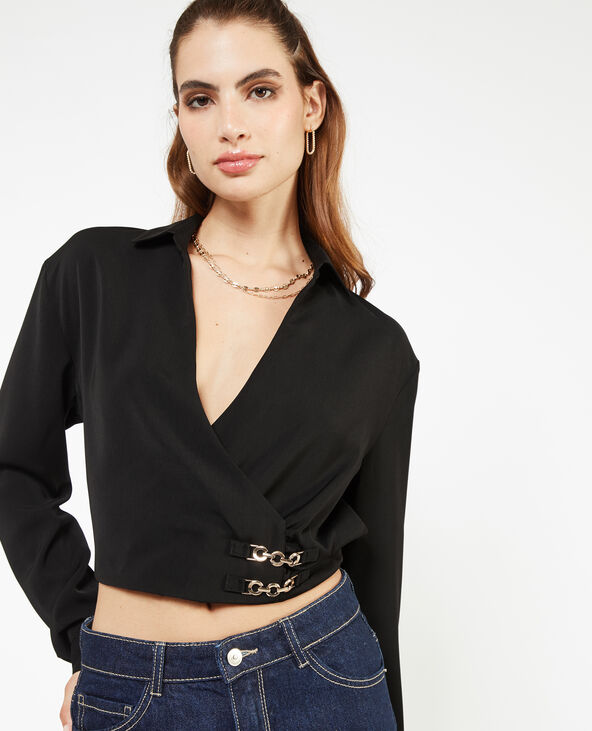Blouse courte effet cache-cœur noir - Pimkie