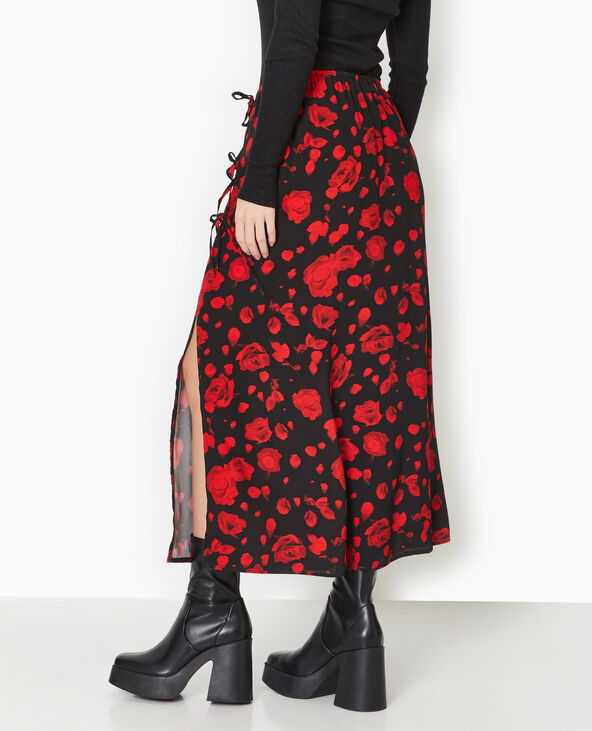 Jupe longue avec nouettes motif roses noir - Pimkie