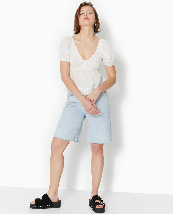 Top en tissu léger avec dentelle et smock blanc - Pimkie