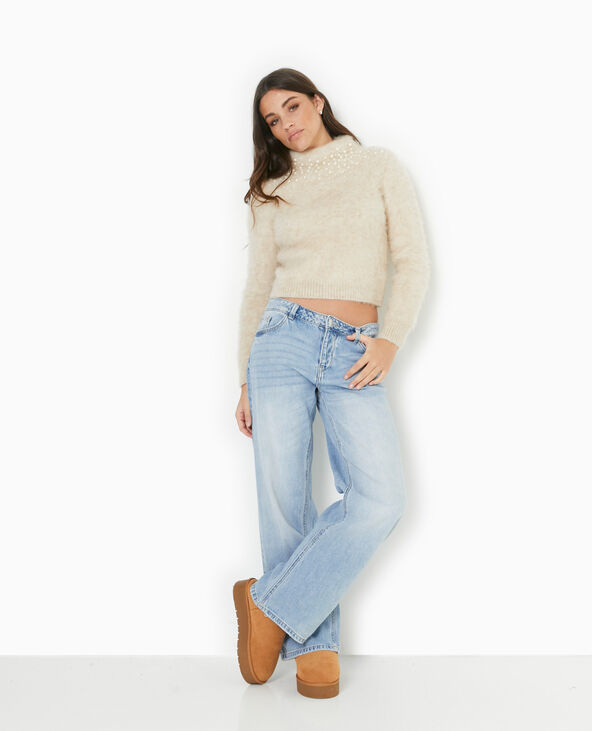 Pull en maille poilue avec perles cousues blanc - Pimkie
