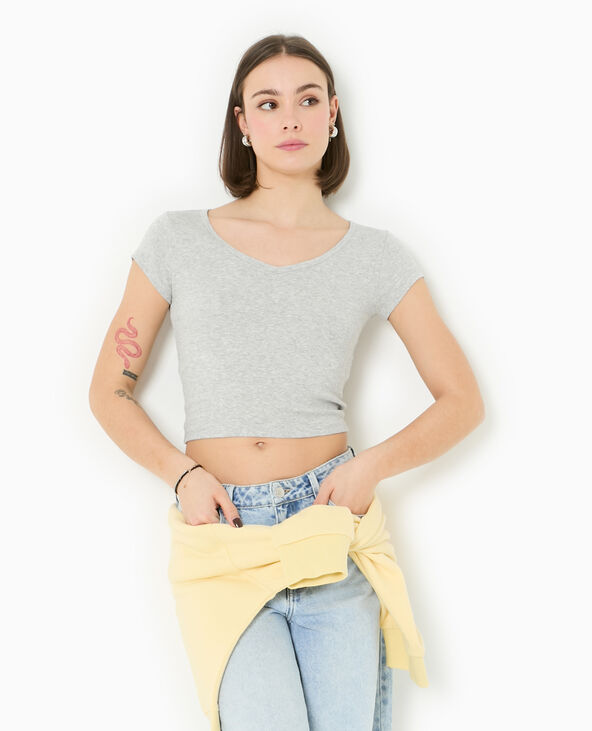 T-shirt court col V gris chiné - Pimkie