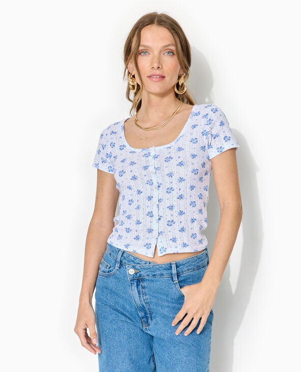 T-shirt boutonné en maille pointelle motif fleurs blanc - Pimkie