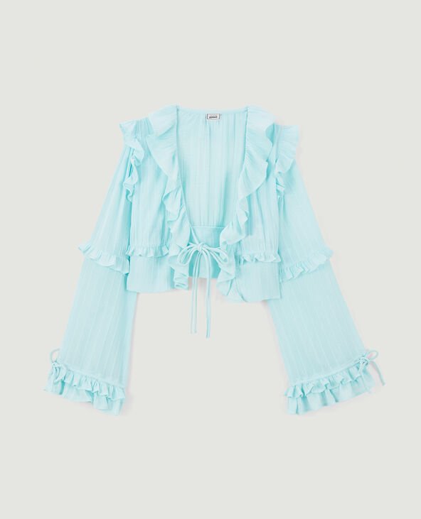 Blouse courte avec volants et nouettes bleu turquoise - Pimkie