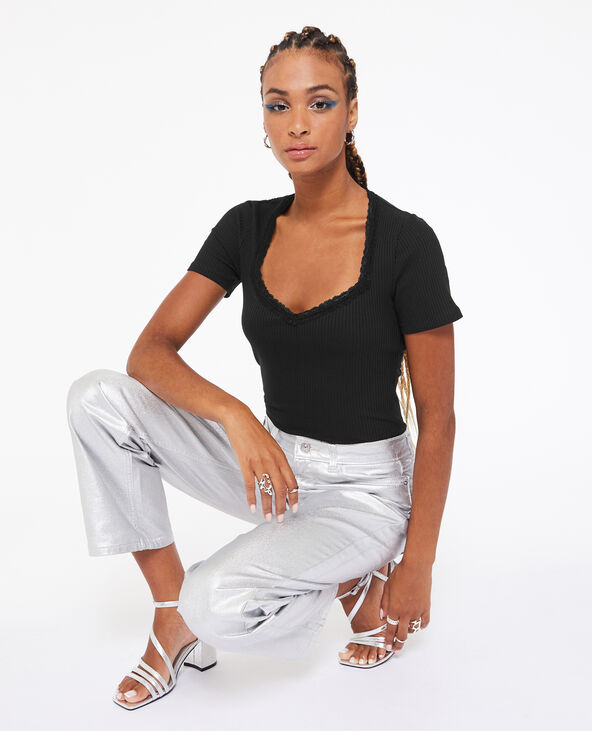 T-shirt encolure cœur avec dentelle noir - Pimkie