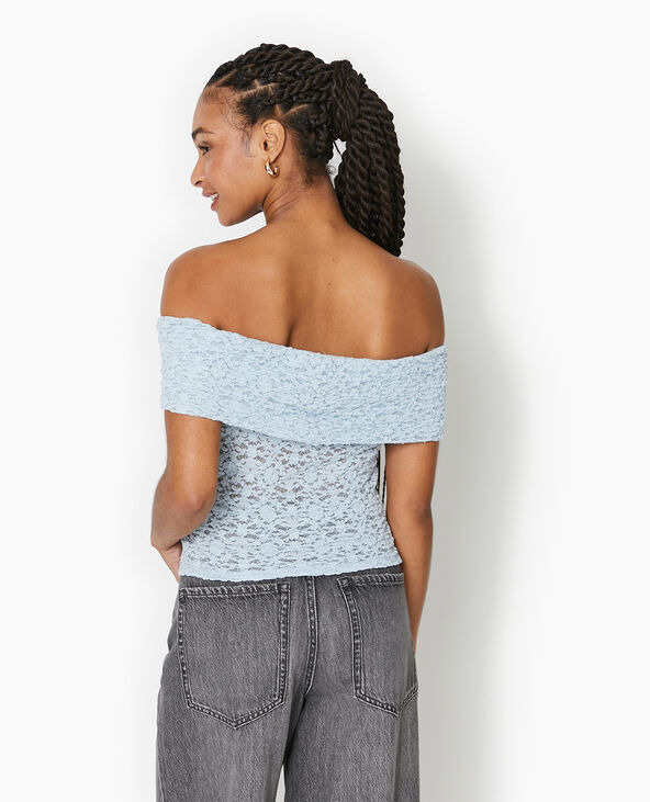 Top en dentelle encolure Bardot bleu clair - Pimkie