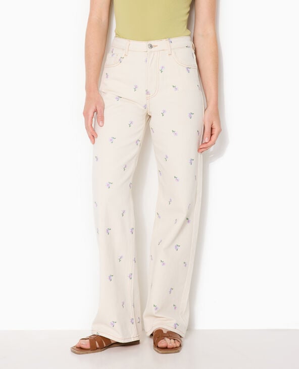 Jean straight taille haute avec broderies fleurs blanc - Pimkie
