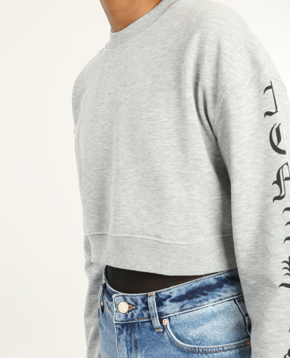 Sweat cropped message manches gris chiné - Pimkie