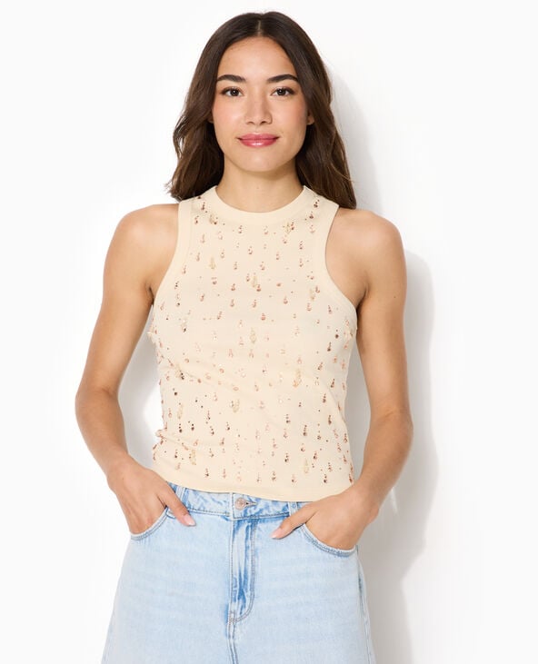 Débardeur dos nageur avec strass et perles devant écru - Pimkie