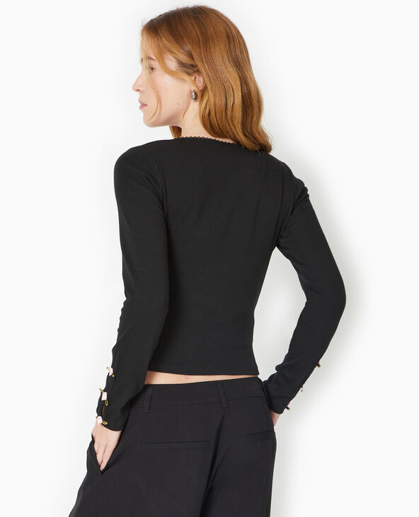 Top manches longues avec roses en satin noir - Pimkie