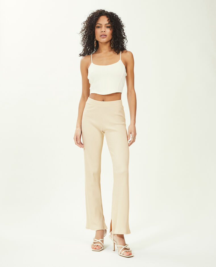 Pantalon flare en maille côtelée beige - Pimkie