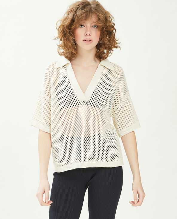 Top col polo maille ajourée beige - Pimkie