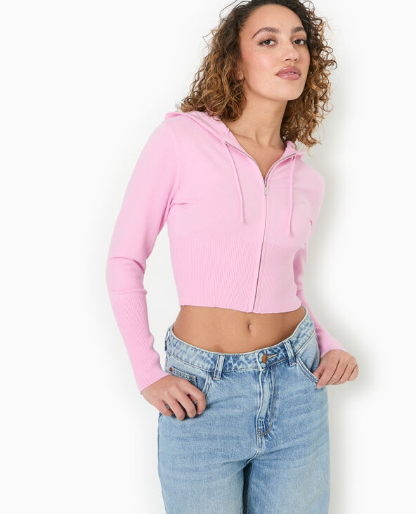 Gilet court zippé en maille fine avec capuche rose - Pimkie