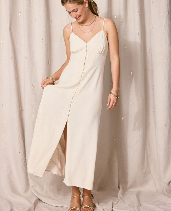 Robe longue boutonnée avec lin blanc - Pimkie