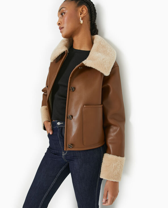 Blouson en simili avec doublure fourrure camel - Pimkie