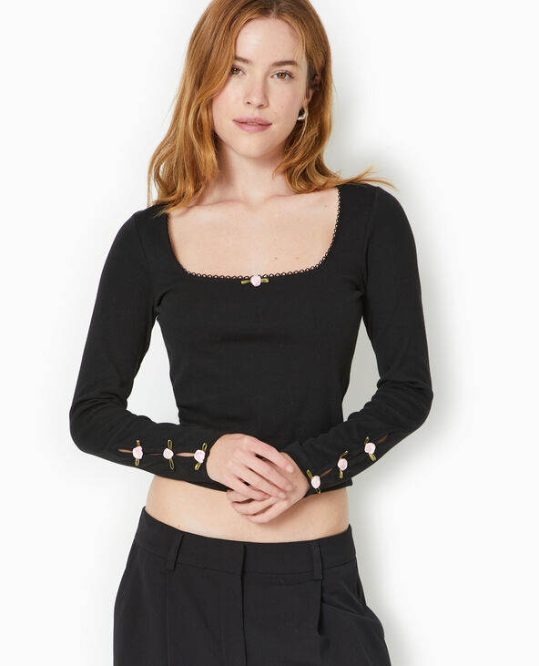 Top manches longues avec roses en satin noir - Pimkie