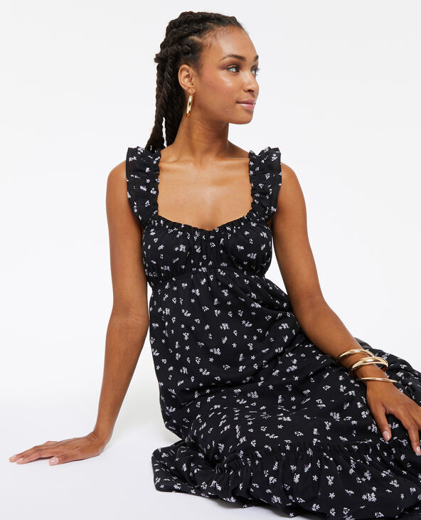 Robe longue motif fleurs avec volants noir - Pimkie