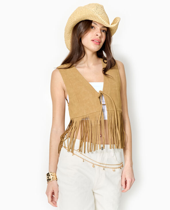 Gilet sans manches en suédine avec franges camel - Pimkie