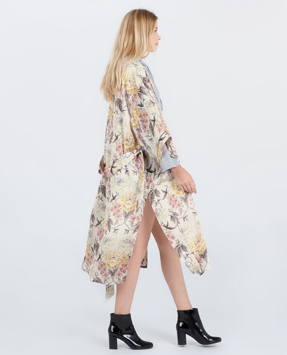 Long kimono satiné fleuri jaune - Pimkie