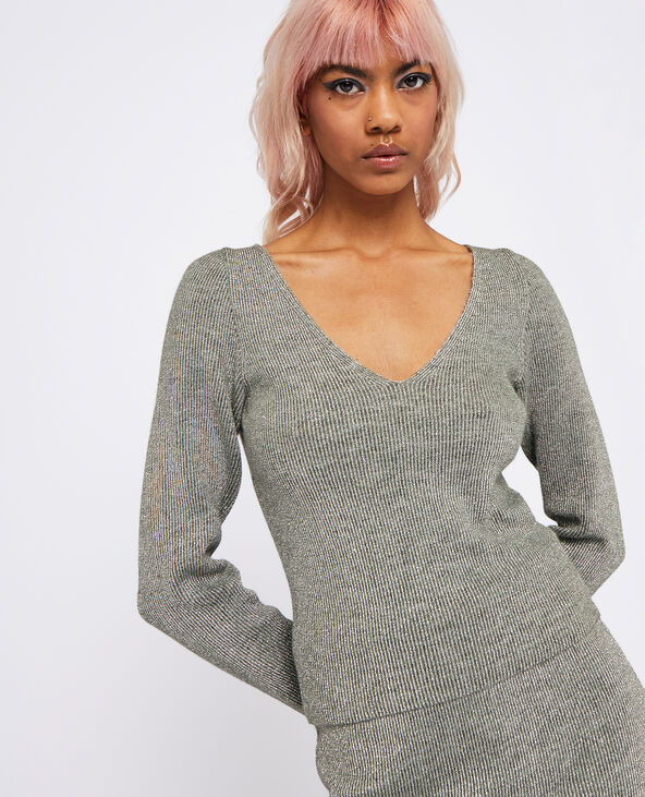 Pull col V en maille côtelée avec lurex argenté - Pimkie