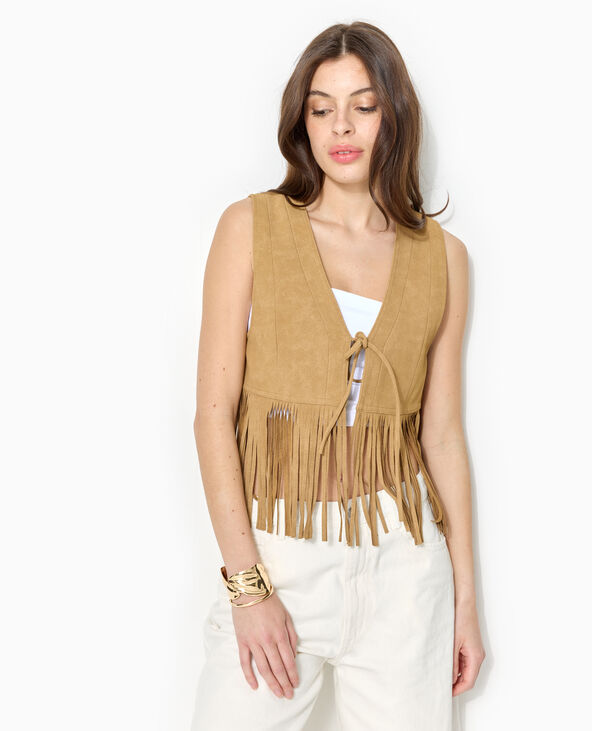 Gilet sans manches en suédine avec franges camel - Pimkie