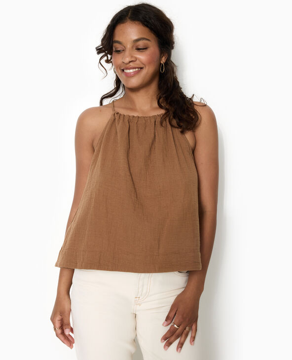 Top en gaze de coton avec bretelles coulissées marron - Pimkie