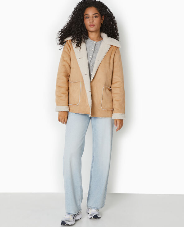 Veste droite en suédine avec doublure sherpa beige - Pimkie