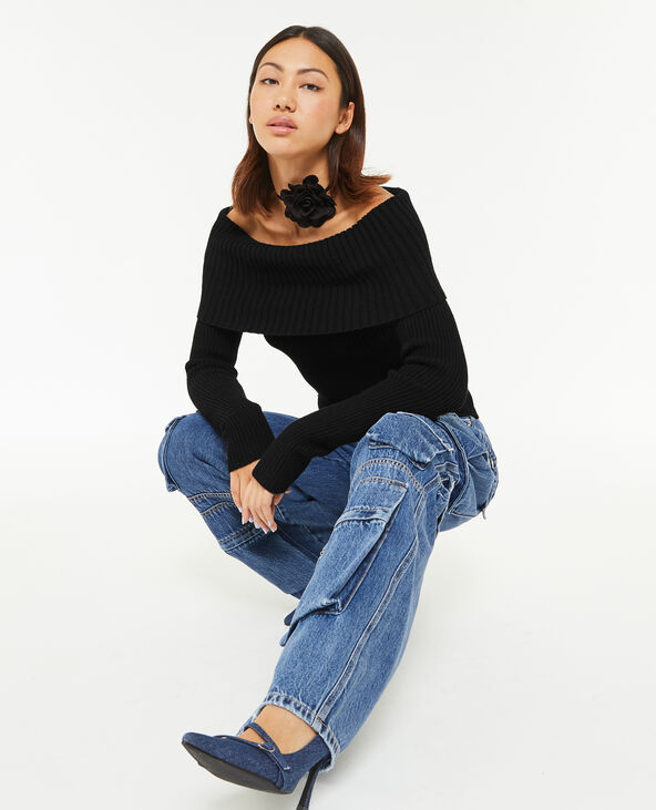 Pull encolure Bardot en maille côtelée noir - Pimkie