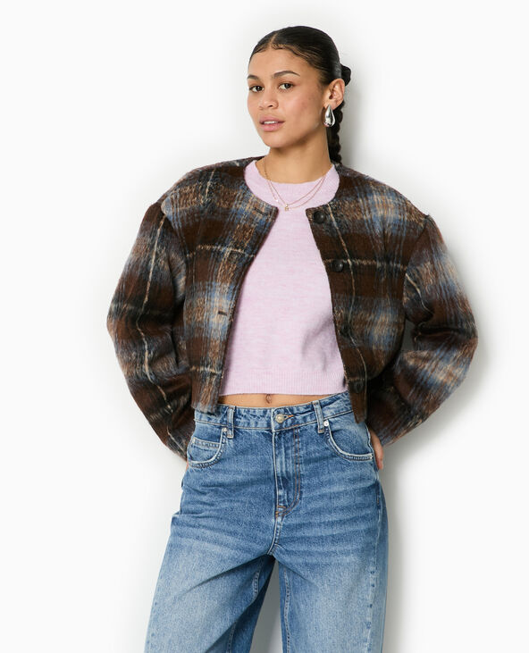 Manteau court à carreaux effet drap de laine marron - Pimkie
