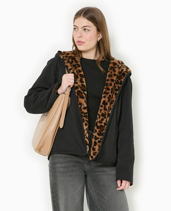 Manteau court réversible avec fourrure motif léopard noir - Pimkie