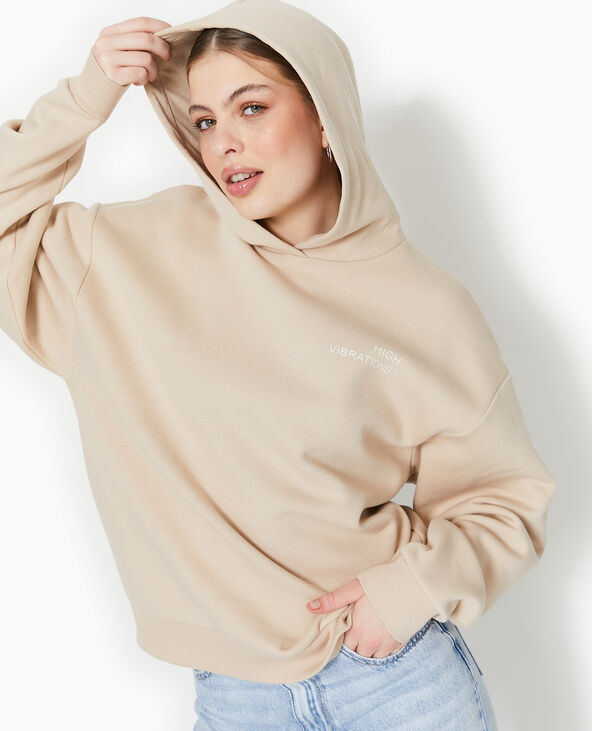 Sweat capuche avec print devant et dos beige - Pimkie