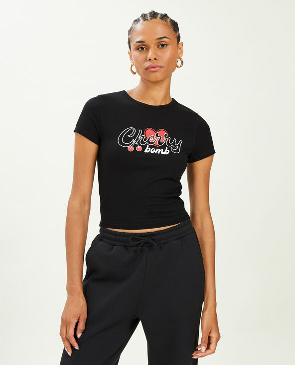 T-shirt court avec motif noir - Pimkie