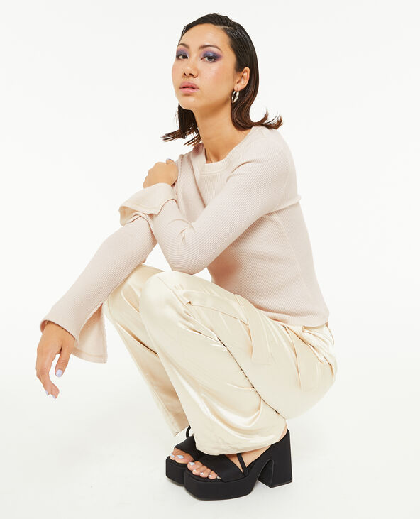 Pull fin en maille côtelée col rond beige - Pimkie