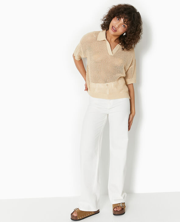 Pull polo manches courtes en maille ajourée beige - Pimkie