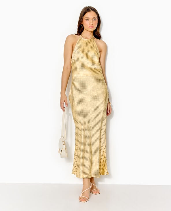 Robe longue dos-nu en satin motif pois jaune - Pimkie