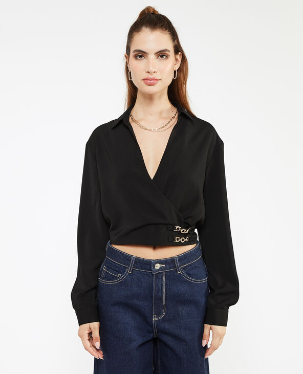 Blouse courte effet cache-cœur noir - Pimkie