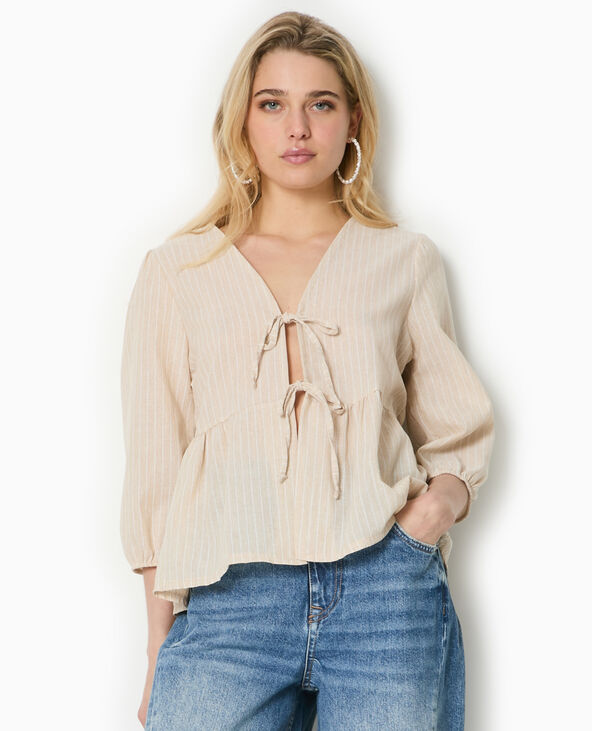 Blouse rayée avec nouettes et manches bouffantes beige - Pimkie