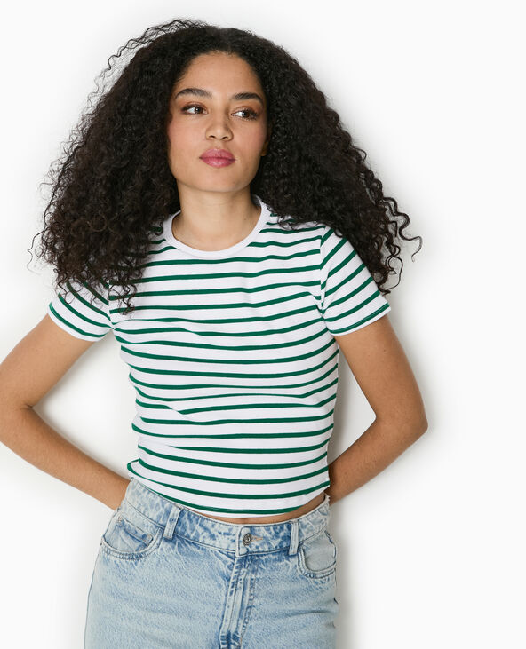 T-shirt court en maille côtelée rayée vert - Pimkie