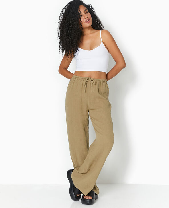 Pantalon large en gaze de coton vert kaki - Pimkie