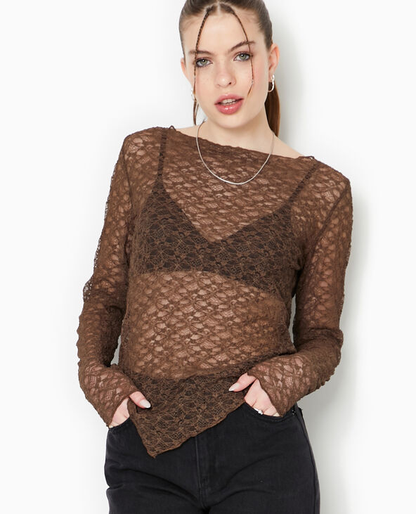 Top manches longues en dentelle marron - Pimkie